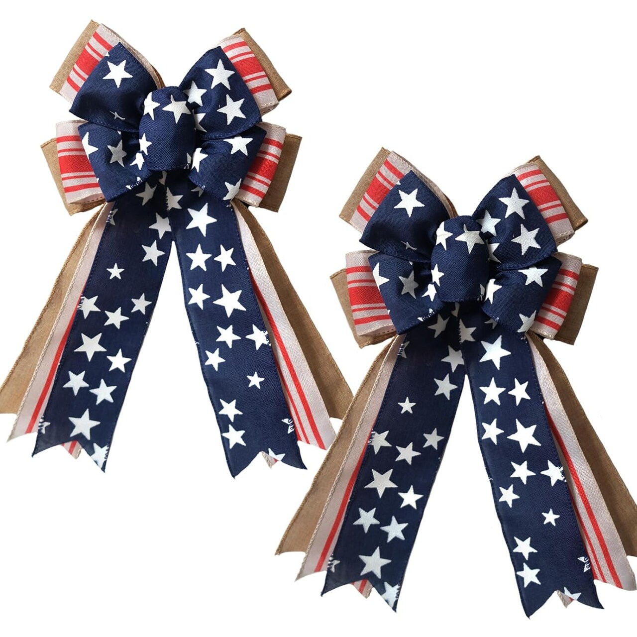 Set of 2 Patriotic Decor Bows – 15" Red, White & Blue American Flag Stripe Bows for Wreaths, Tree Toppers, Indoor & Outdoor Holiday Decorations